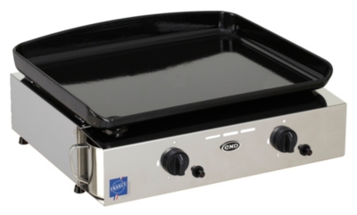 Plancha inox 52cm plaque lisse tablette gaz et chariot ouvert chez meseo  