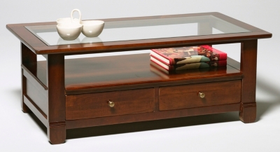 La table basse dessus verre H&eacute;ritage finition antiquaire