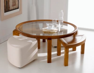 Ensemble table basse ronde avec pouf  et dess...