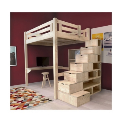 Lit Mezzanine Alpage bois + escalier cube hauteur réglable